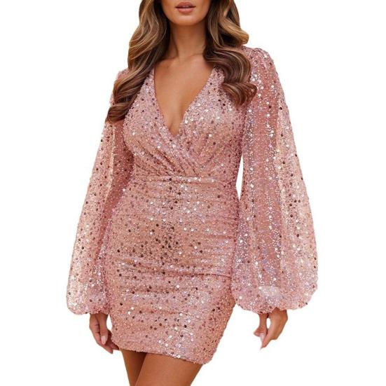 Women's Sexy Sequin Bodycon Dress Sheer Long Sleeve Deep V Neck Mini Dress Sparkly Evening Party Dress for Night Clubs