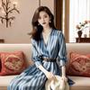 Spring and Summer New Women's Clothing with Niche Super Good Looking V-neck Waist Blue Striped Mid-length Shirt Dress