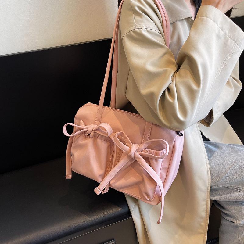 Lightweight Casual Cotton Shoulder Bag Unique Fresh Bow Design Travel Underarm Bag Solid Color Large Capacity Women's Tote Bag
