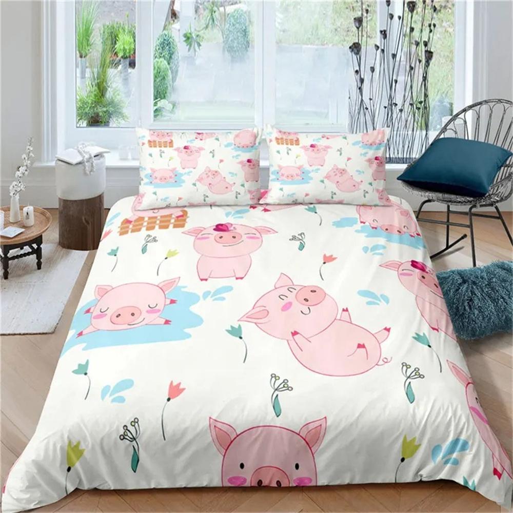 Cartoon Lovely Pig Duvet Cover Kawaii Animals Bedding Collection King Microfiber Farmhouse Wildlife Theme Comforter Cover Pillowcases