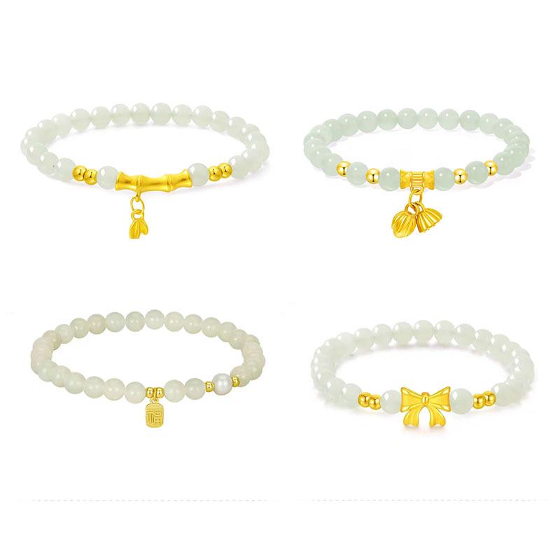 999 Pure Gold & Hetian Jade Women's Bracelet with Lotus, Seed Pod, Bamboo, and Lily of the Valley Design