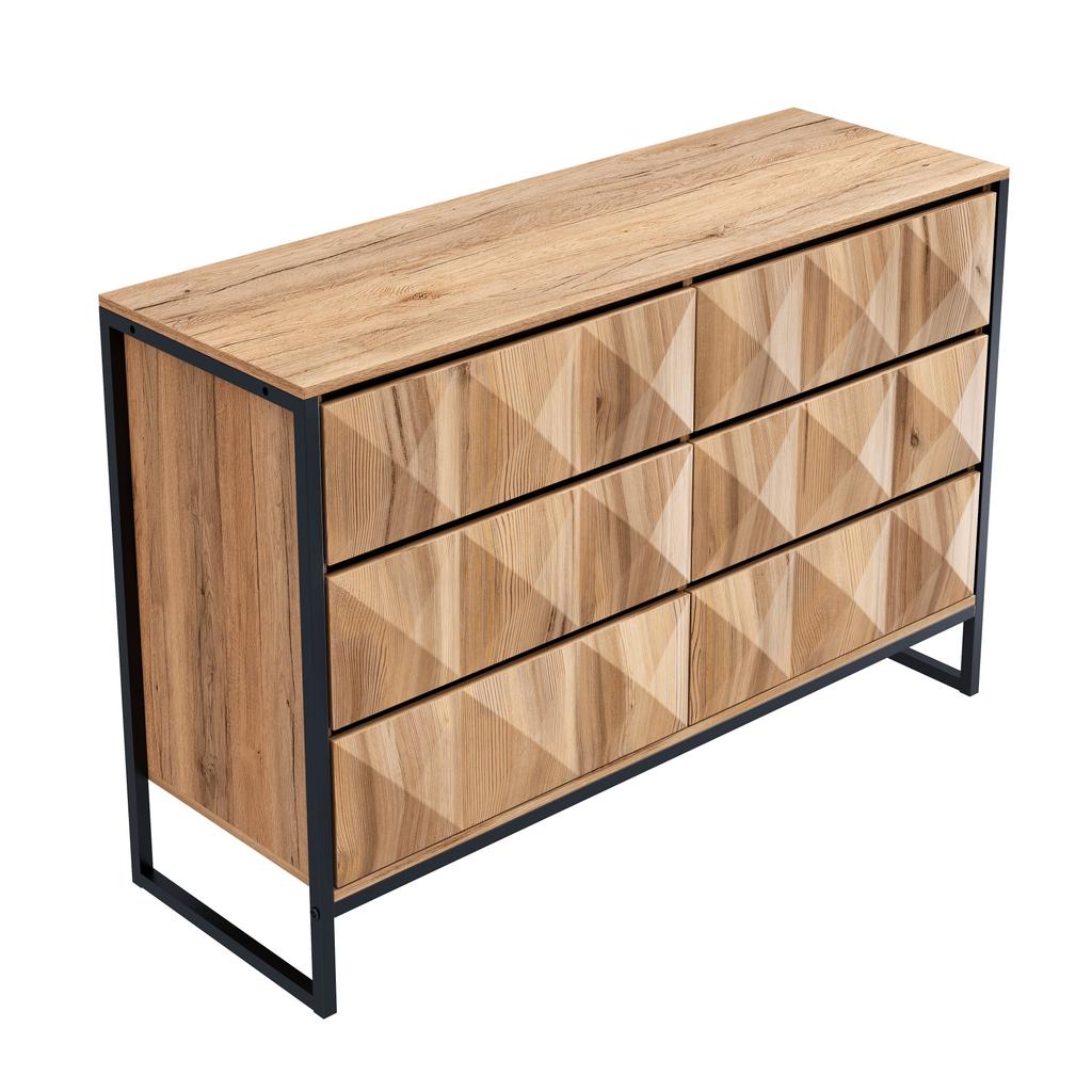 The sideboard and the chest of drawers are characterized by a combination of black and natural wood tones, metal legs and raised doors.