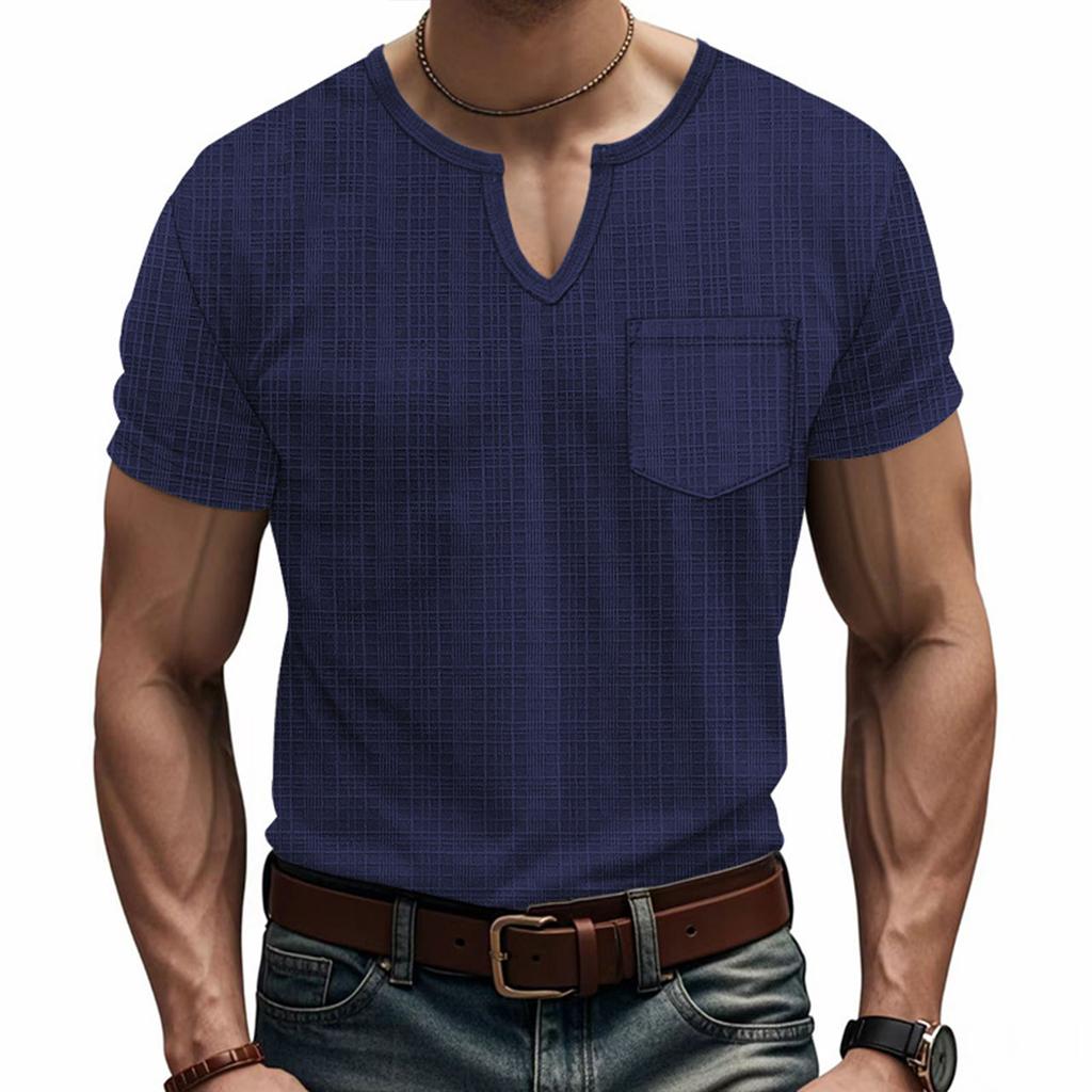 Мужская футболка-henley с коротким рукавом, нагрудным карманом, повседневная, из легкой текстурированной ткани, с вырезом