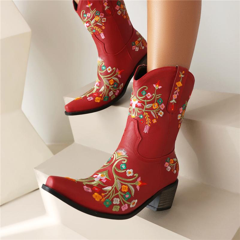 Женские ковбойские полусапоги до щиколотки с квадратным носком на толстом среднем каблуке и вышивкой в ​​стиле вестерн, ковбойские сапоги, женская обувь, зимняя обувь 46