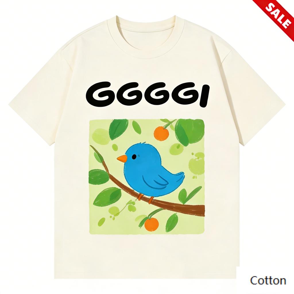 GGGGI Kawaii Blue Bird Print Cotton T-Shirt for Unisex, Trendy Streetwear Fashion Short Sleeve, Soft Comfy Summer Daily Wear