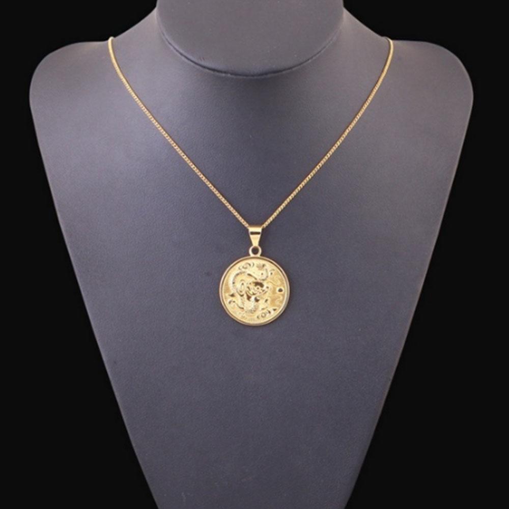 Мужская цепочка золотого цвета со зодиаком, круглые китайские ювелирные изделия, золотой кулон, ожерелье с драконом
