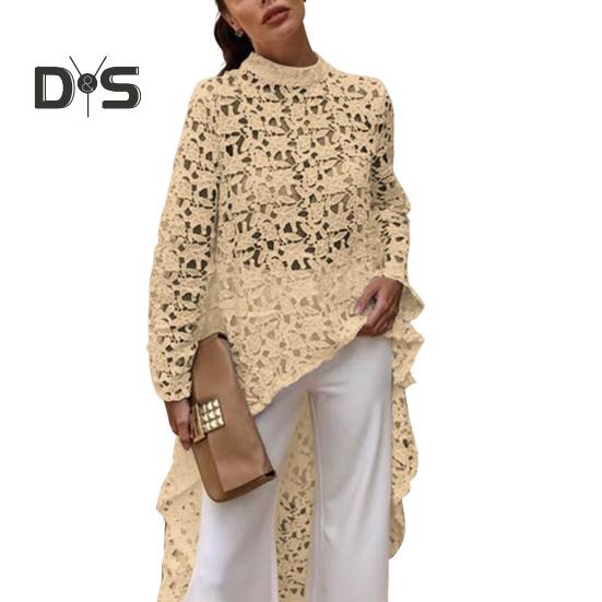 Женское длинное платье с вырезом сверху, нерегулярным вязанием крючком, кружевом, цветочным узором, прозрачной короткой передней частью и длинной задней частью, с полувысоким воротником и длинными рукавами