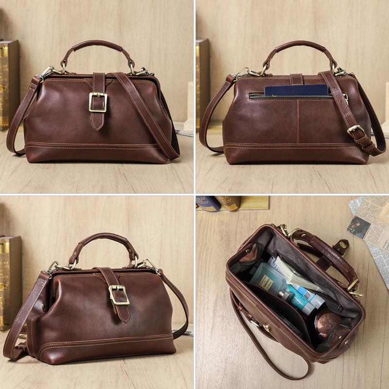 Full-Grain Cowhide Convertible Women's Shoulder Handbag with Metal Hinge Buckle