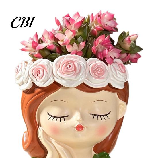 Succulents Planter Pot Cute Girl Resin Planter, Head with Rose Garland, Plant Container Decorative for Cactus Indoor Desk Decor Whimsical Home