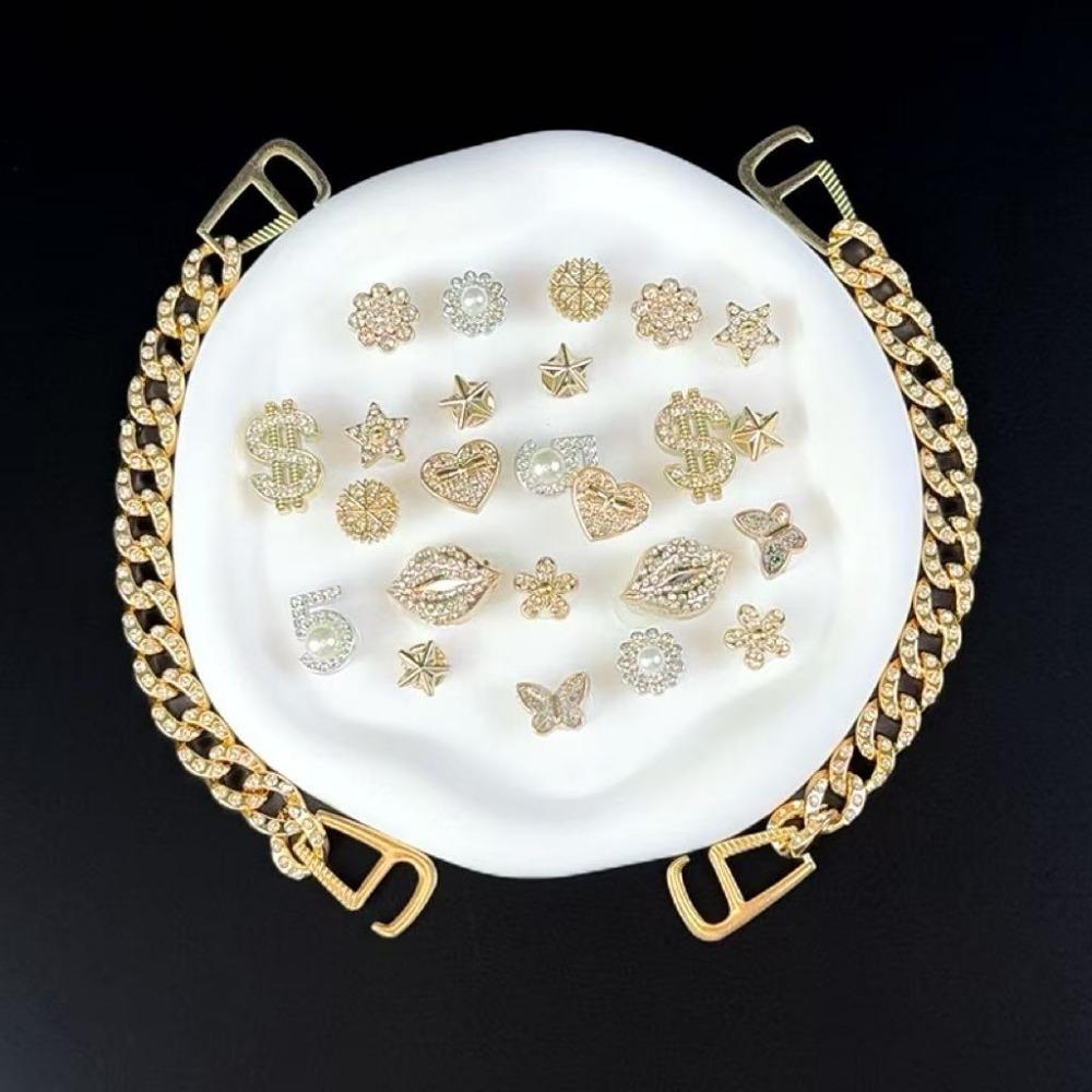 24/26PCS Shoe Charms Set Golden Lip Letter Butterfly Pentagram Chain Shoe Decorati Buckle for Sandals Clogs DIY Accessories Gift