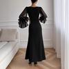 Women's V Neck Maxi Dress Sexy Mesh Long Lantern Sleeve Slit Long Evening Dress