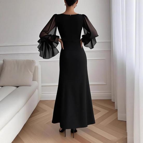 Women's V Neck Maxi Dress Sexy Mesh Long Lantern Sleeve Slit Long Evening Dress