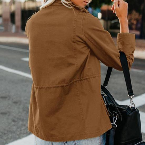 Women Coat Stand Collar Zipper Multiple Pockets Solid Color Long Sleeves Soft Casual Cardigan Pure Color Spring Coat for Daily Wear