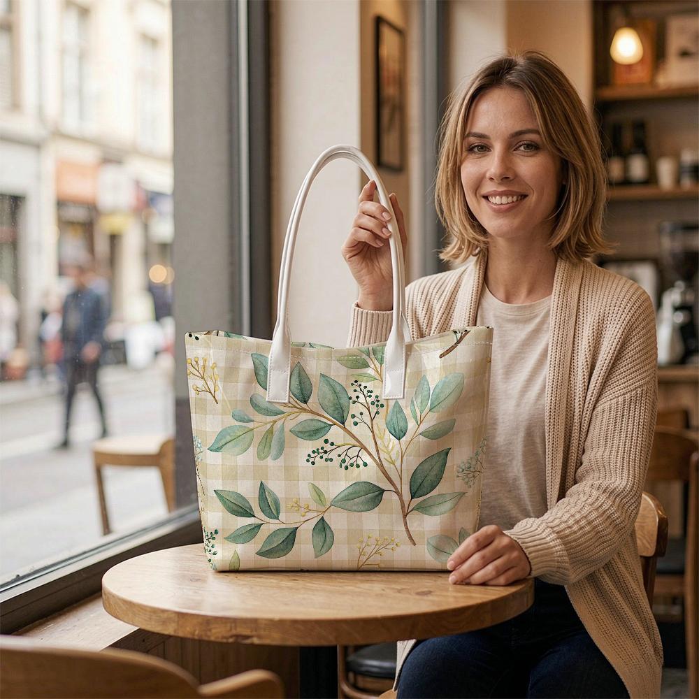 Elegant Leaf Print Tote Bag Casual Daily Carry All Shoulder Bag for Shopping Travel Outdoor Use