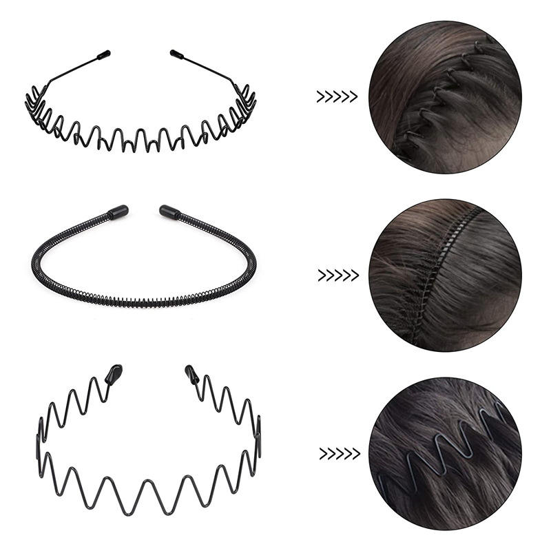 6PCS Stainless Steel Durable High Quality Hair Bands Spring Wavy Hoop Unisex Black Headband Slicked Back Non Slip Sports Cape