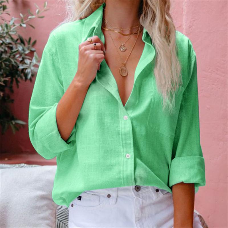 Хлопковые льняные рубашки с отложным воротником и длинными рукавами на пуговицах, женские однотонные свободные топы больших размеров, белая синяя рубашка
