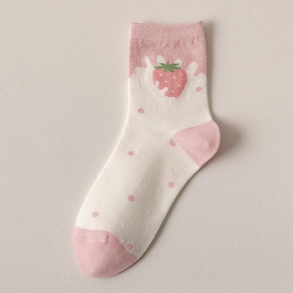 Breathable Women Cotton Socks Strawberry Milk Pattern Sports Socks High Quality Middle Tube Socks