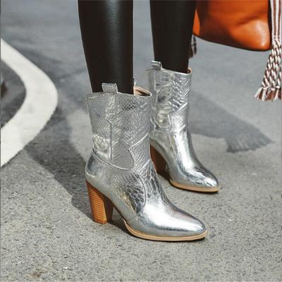Золотые ботильоны с принтом змеи для женщин, ботильоны на высокой танкетке, женские ботинки на массивном каблуке, женские ковбойские ботинки большого размера 34-46