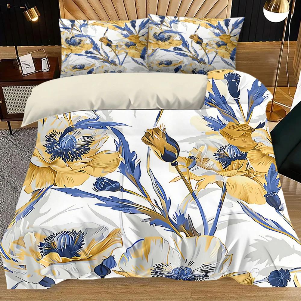 3pcs Blue and Yellow Floral Decoration Printed Quilt Set- Includes 1 Quilt Cover and 2 Pillow Cover (without Filler)