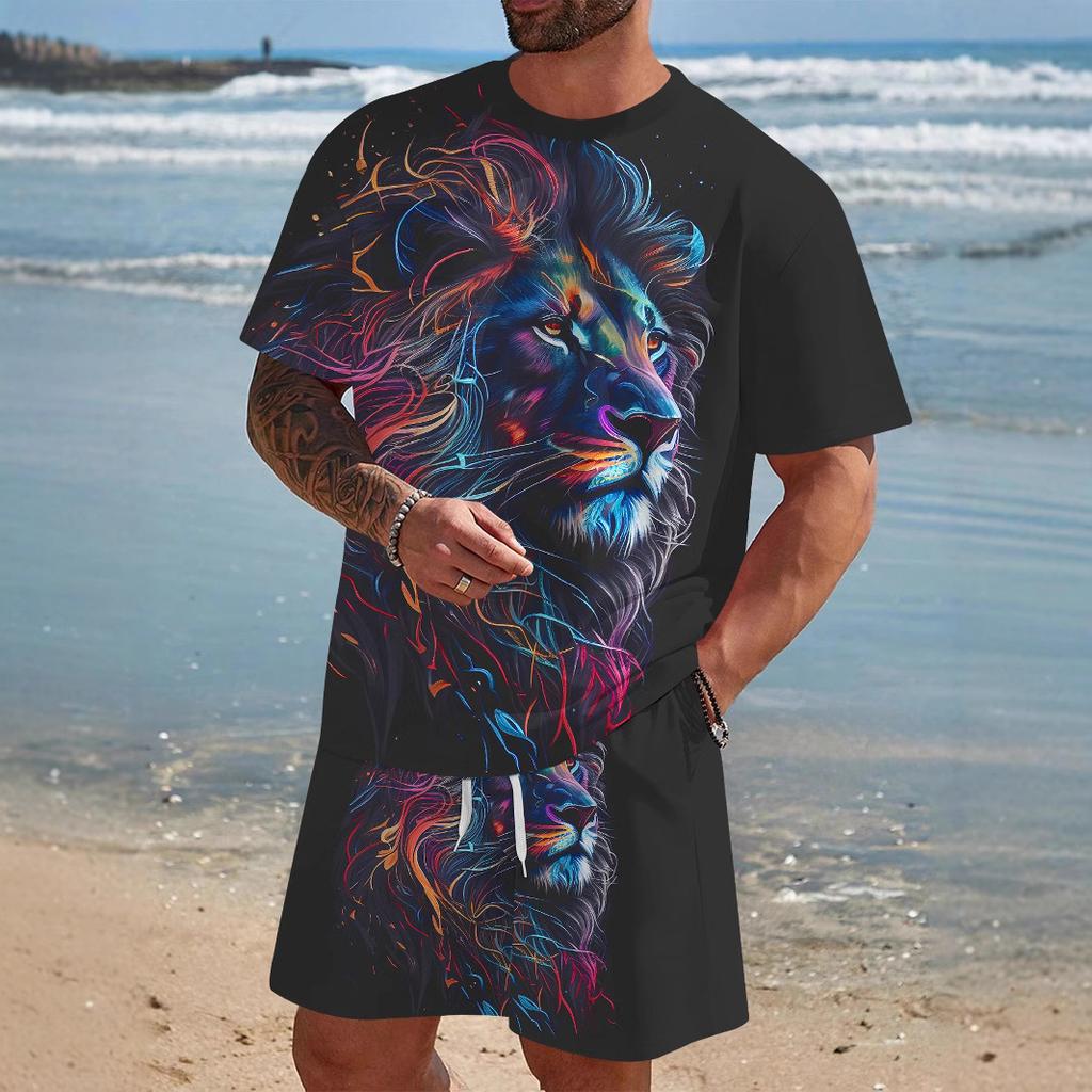 Cool Lion Pattern Series 3D Printed Men's Short Sleeve Set Novelty T-shirt