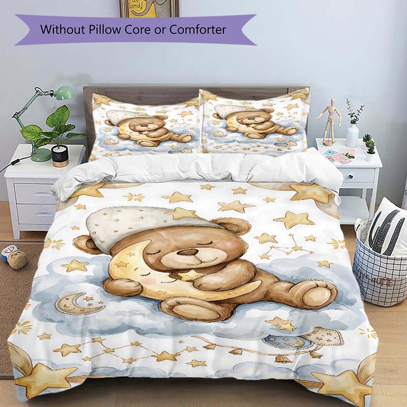 Teddy Bear Night Print 3Pcs Bedding Setduvet Cover With 2 Bedropillowcase Home Birthday Gift