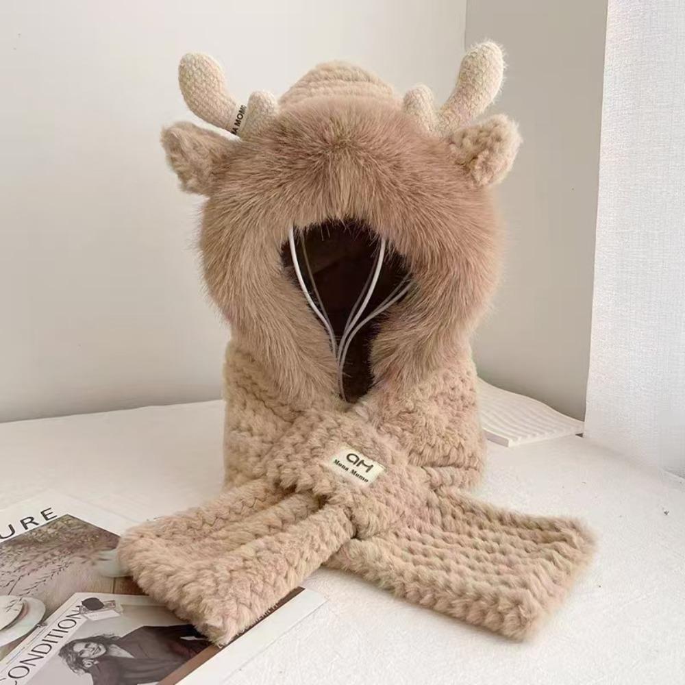 Ear Protection Bear Deer Ears Hat Soft Plush Integrated Cap Scarf Cartoon Winter Hat  Women