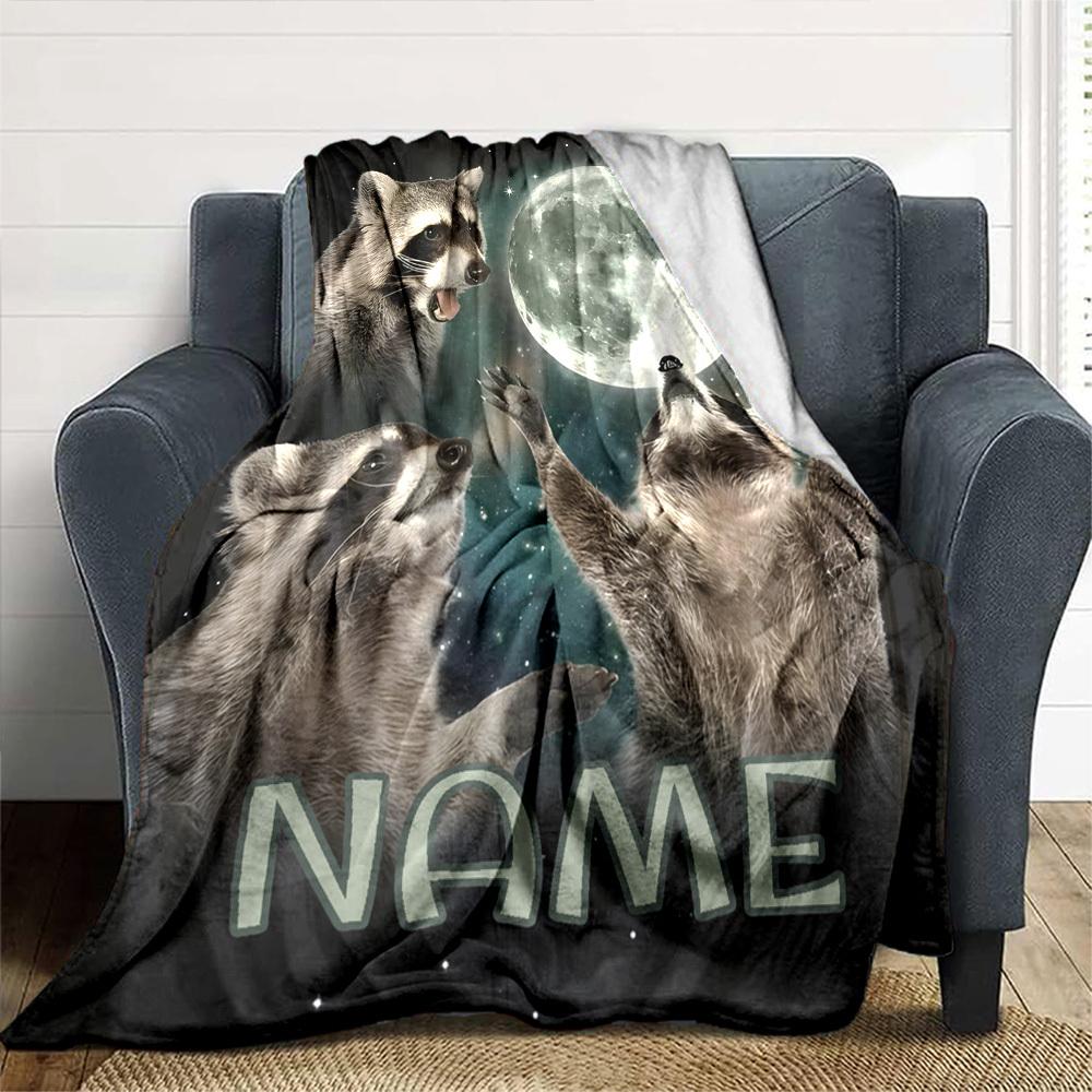 Raccoons Under The Moonlight Lightweight Customizable Blanket Customize Text Comfortable Texture Perfect For Sofa Couch Office Bed Picnics Allseason