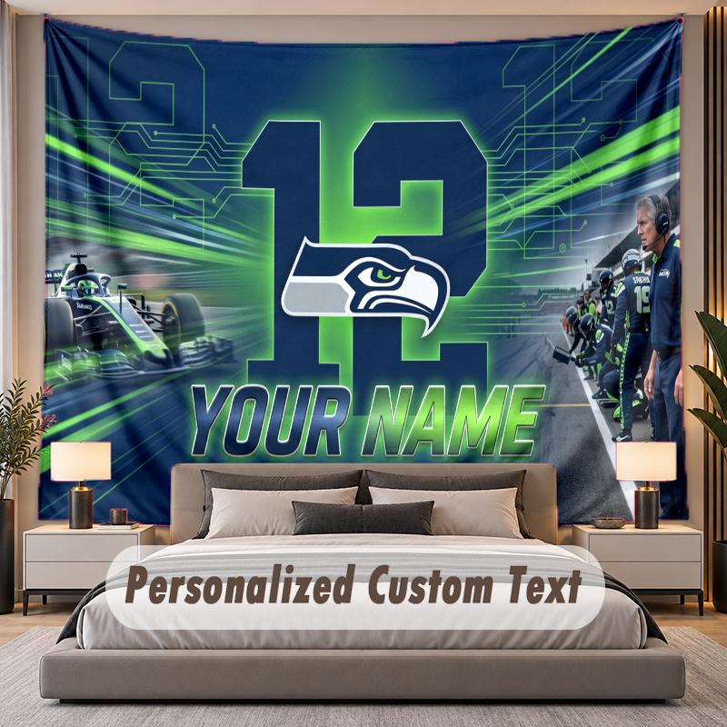 Custom Name Text Tapestry Seattle Seahawks Personalized Polyester Wall Tapestry For Bedroom And Room