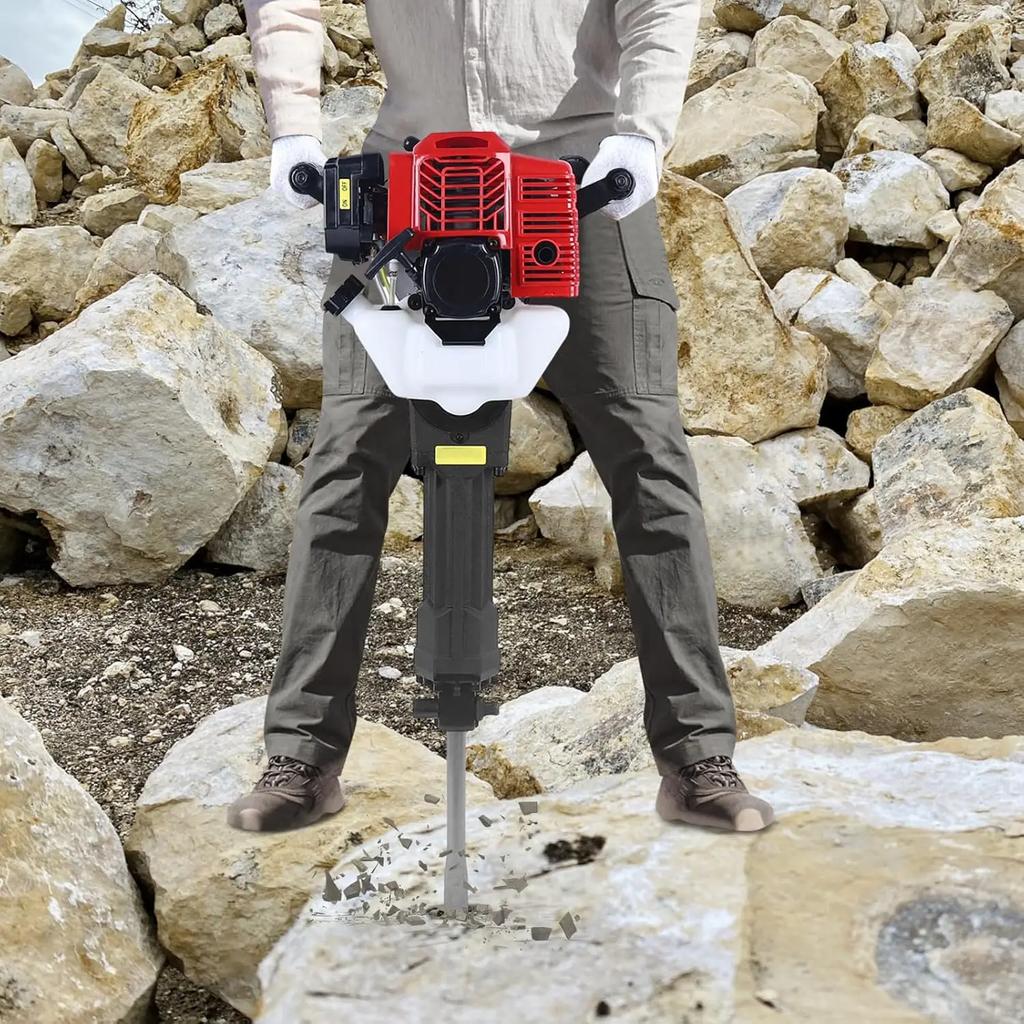 Petrol Demolition Hammer 2-Stroke Chisel Hammer Hand Pull Start Air-Cooling Hammer Drilling Machine with Point and Flat Chisel