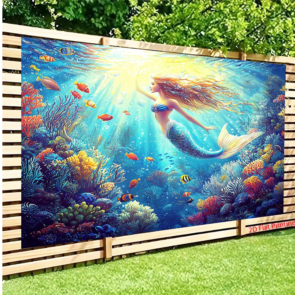 2D plane, 1 piece of underwater-themed printed banner featuring a mermaid and coral reef - marine life background fabric