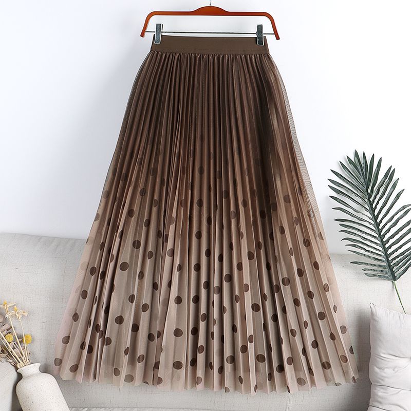 MOJTA Mid-length Skirt Spring Summer Women's Pleated Elastic Dots High Waist Skirt A-line Long Skirt