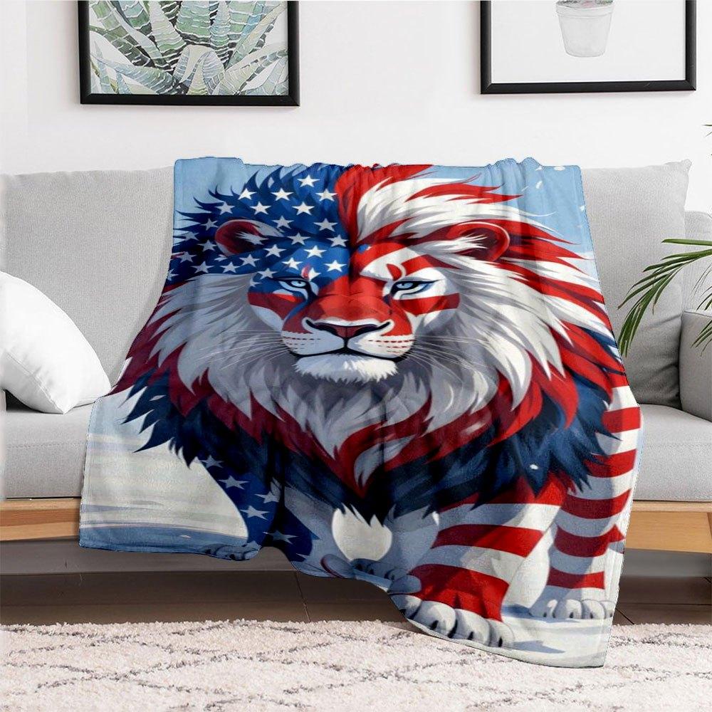 American Flag Lion Wall Art Print Poster Home Decor USA Lion PaintingBlanket Flannel Throw Blanket for Sofa, Bed, Travel, Camping, Office