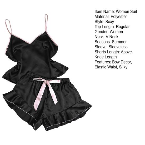 2 шт./комплект женский пижамный комплект атласный бретельки без рукавов спинка V-образный вырез топ эластичный пояс оборка плиссированный бант декор шорты комплект домашняя одежда