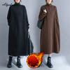 Korean Fashion Plus Size Autumn Winter Women Warm Midi Knitting Dress Turtleneck Black Brown Fleece Dress Long Sleeve Casual Loose Dress With Pockets