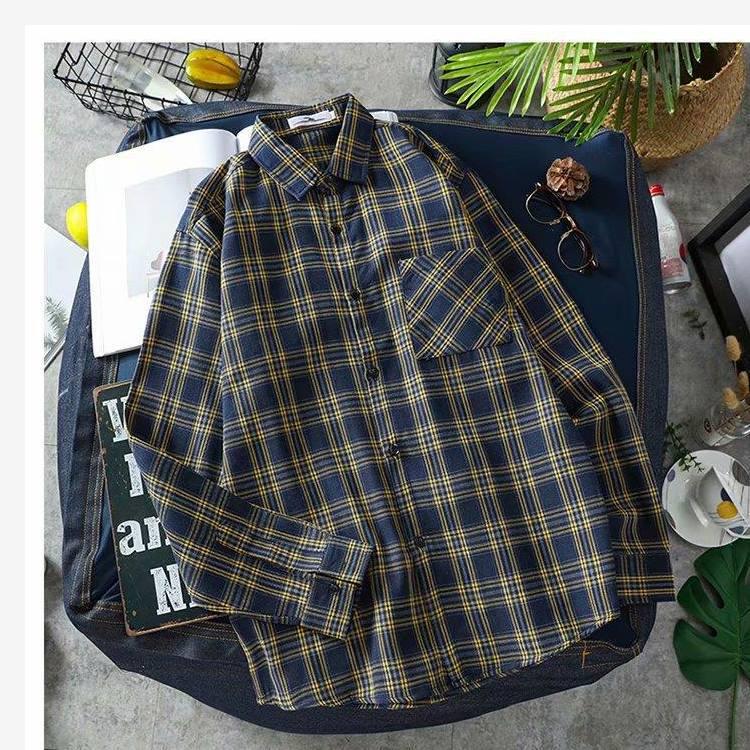 Рубашка унисекс с длинным рукавом в гонконгскую клетку: Модный, свободный крой, ретро-корейский стиль на все времена года