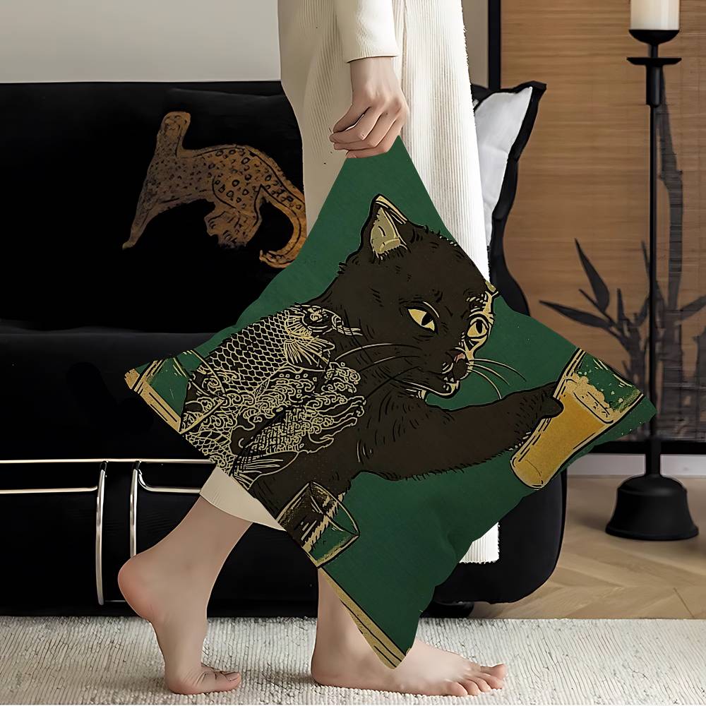 Black Drink Cat Vintage Posters Pillow Gift Home Office Decoration Bedroom Sofa Car Cushion Cover Case 45X45