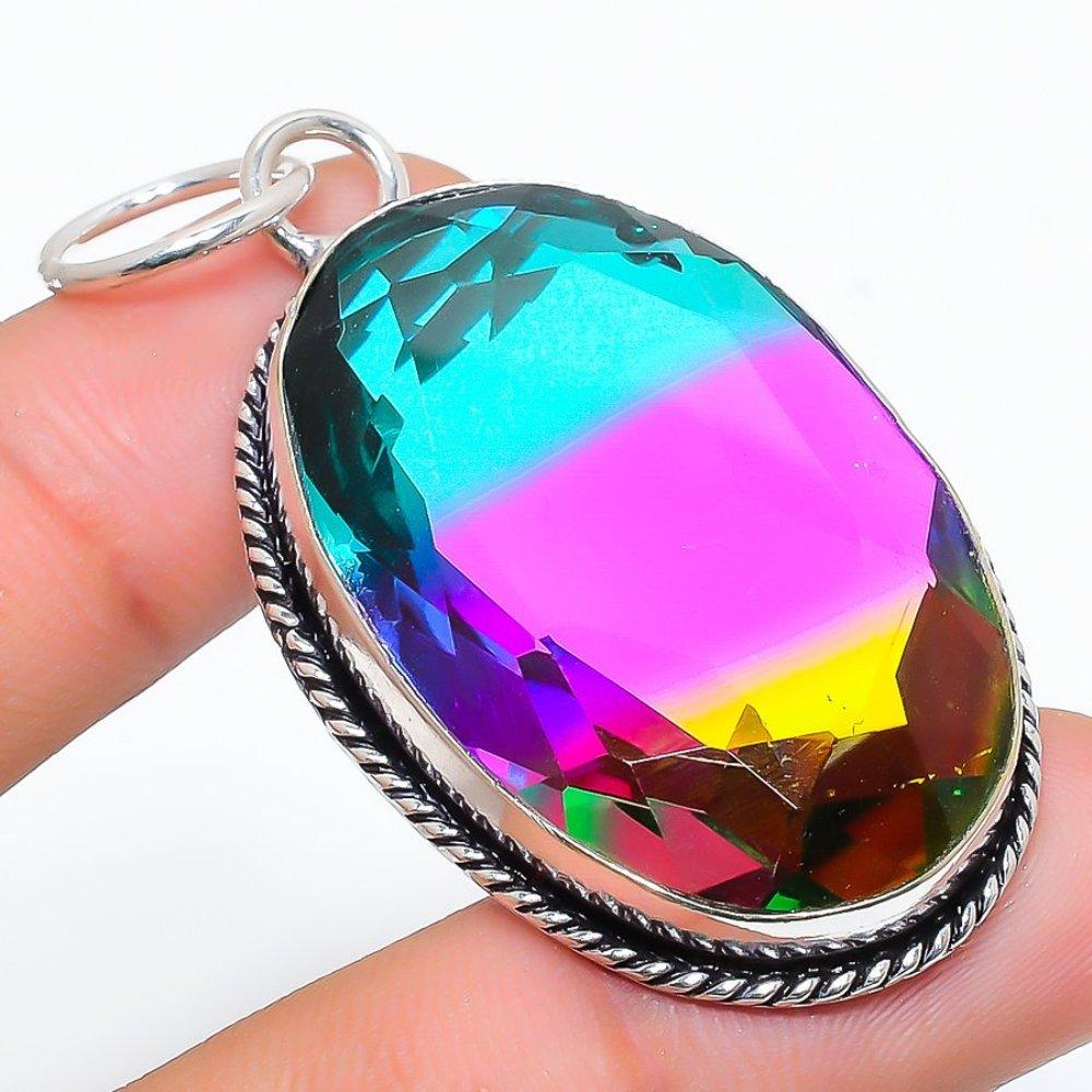 Bi-Color Tourmaline Gemstone Handmade 925 Sterling Silver Pendant 2.36" g8S18