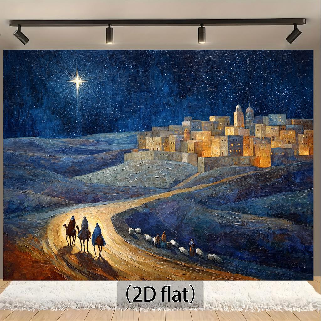 2D plane, 1pc Nativity scene background - traditional Bethlehem City with shepherds, starry sky and the birth of Jesus
