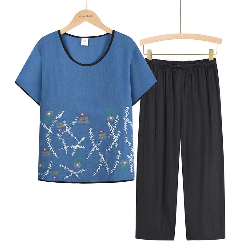 Летние двухкомпонентные топы из хлопка и льна для женщин 60-70 лет - Короткий рукав