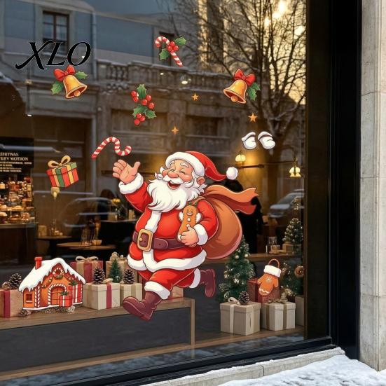 Xmas Theme Window Film Santa Claus Static Cling, Christmas Glass Stickers with Running Santa, Candy Festive Cane & Bell, Reusable PVC Holiday