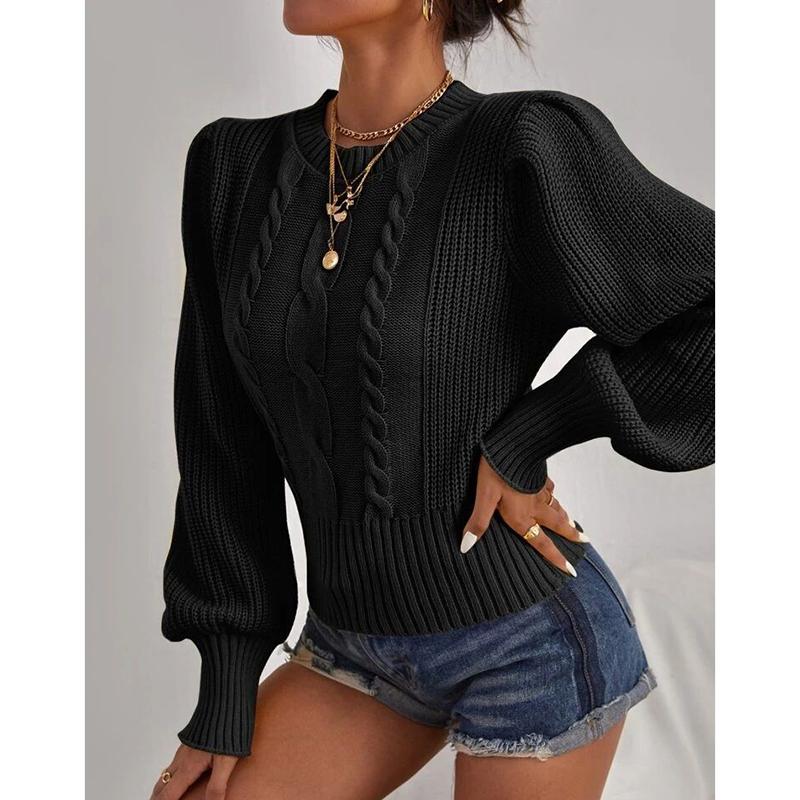 Autumn and Winter Solid Loose Knitwear Pullover Women Fashion New Round Neck Knitted Sweater Woman Vintage Lantern Sleeve Twists Sweaters 24592