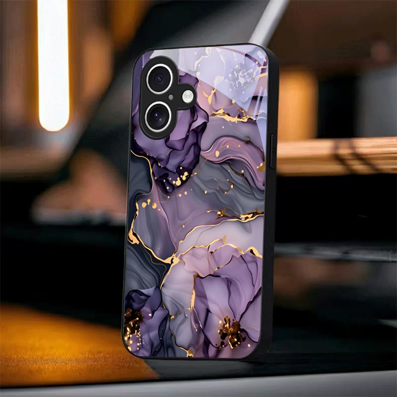 Аметистовые Чернила Цветочный Поток Черное Стекло Чехол Для Телефона Для iPhone 18 17 Air 16 E 15 Plus 14 Pro Max 13 12 mini 11 7 8Plus X Черная Крышка