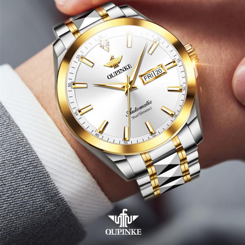 OUPINKE Мужские часы с двойным календарем, автоматические механические часы, водонепроницаемые высококачественные часы с бриллиантами