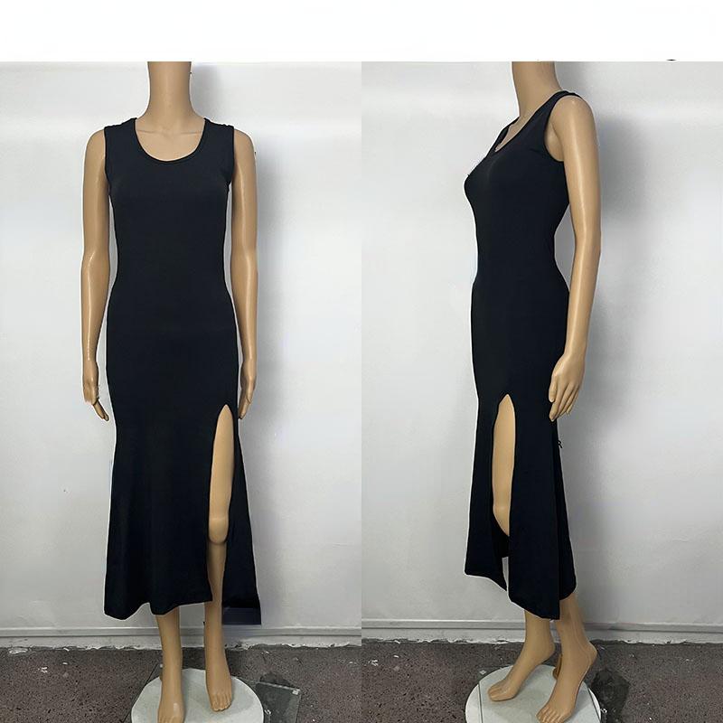 Черное платье без рукавов на бретельках, женское сексуальное облегающее платье макси с боковым разрезом, женское летнее корейское простое цельное платье