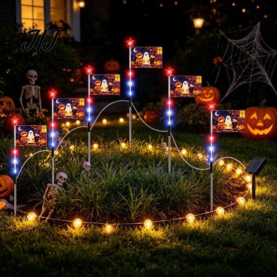 Solar Powered Yard Decorations with Starlight Strings Halloween Garden Stake Light, Pumpkin Ghost Cartoon Sign Outdoor Lights LED Fairy Lights,