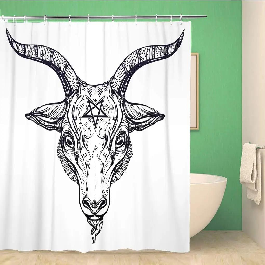 Шторка для душа Пентаграмма с демоном Бафометом Сатанинская козлиная голова Двоичный символ Тату Водонепроницаемый набор штор для ванной с крючками