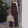 Women's Summer Fashion Simple Sleeveless Top Loose Wide Leg Pants Cotton Linen Set Suits & Sets Women’s