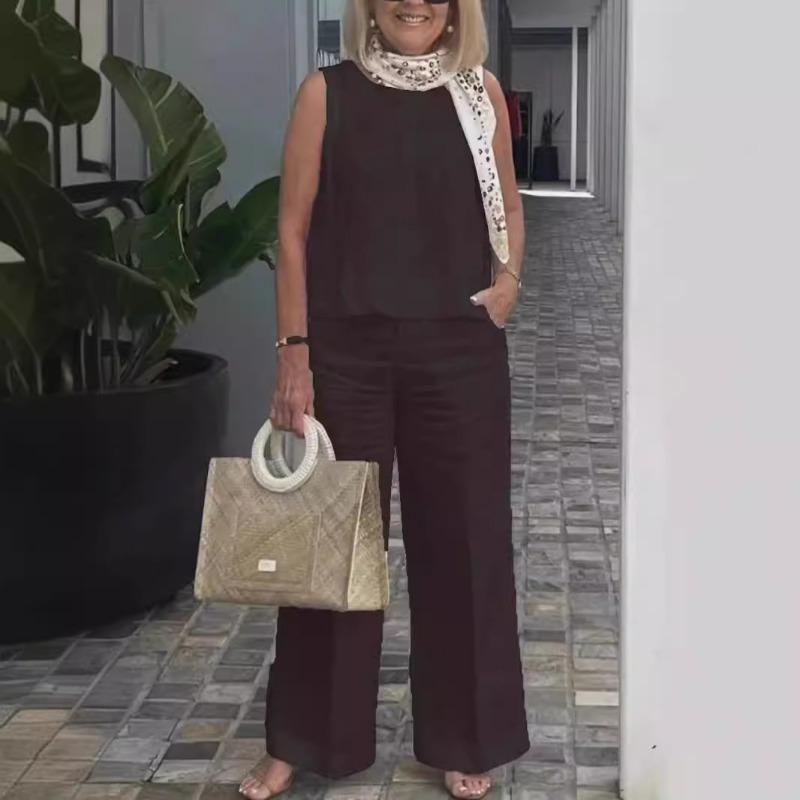 Women's Summer Fashion Simple Sleeveless Top Loose Wide Leg Pants Cotton Linen Set Suits & Sets Women’s
