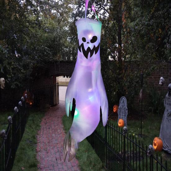 43 Inch Halloween Ghost Windsock Flags with LED Lights Outdoor Hanging Scary Light Up Ghost Wind Socks for Tree Yard Porch Garden Decor