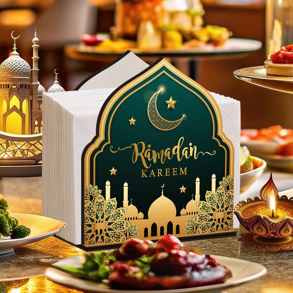Деревянная коробка для салфеток Eid Mubarak Декоративная коробка для хранения салфеток большой емкости Диспенсер для салфеток с противоскользящим основанием Празднование Ид аль-Фитр
